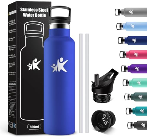 KollyKolla Botella Agua Acero Inoxidable 750ml, Cantimplora Termo con Doble Aislamiento, Botella Termica con Pajita, sin BPA, Termo Reutilizable para Oficina, Camping, Niños, Fitness, Niños, Yoga