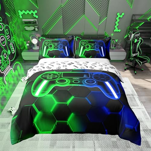 Loussiesd Gamer Parure de Lit Gaming Literie Set Enfants Garçons Filles Adolescents Chambre décor Vert et Bleu Console de Jeu Housse de Couette 140x200cm Gamepad Cellulaire géométrique décor