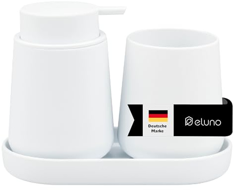 eluno Badezimmer-Set TESERO mit Soft-Touch Oberfläche, Bad-Accessoires Set 3tlg. bestehend aus 1x Seifenspender, 1x Becher und 1x Schale, ideal für Badezimmer und Küche aus Kunststoff (Weiß)