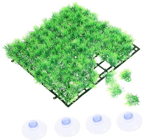 TOBBOMEY Simulation Grass Mat Aquarium Pad 25x25cm Fake Grass Carpet and 4 Suction Cups, Washable Artificial Aquarium Liner for Fish Tanks and Aquatic Terrariums, Plastic Fish Tank Mat Decoration