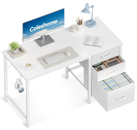 Coleshome Computer Desk with Drawers, 100cm Office Desk with Storage, White