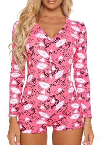 Sunloudy Women's Valentine Romper Sexy V-Neck Long Sleeve Bodycon Short Jumpsuit Butt Flap One Piece Overall Sleepwear (Pink Love Lips, M)