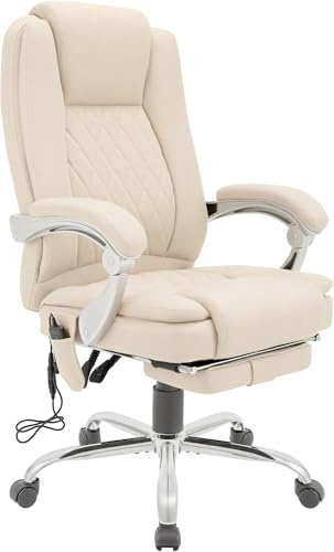 CLP Bürostuhl ergonomisch mit Massagefunktion Rubia, Schreibtischstuhl mit Heizfunktion und Fußablage, Drehstuhl höhenverstellbar bis 150 kg, Farbe:Creme