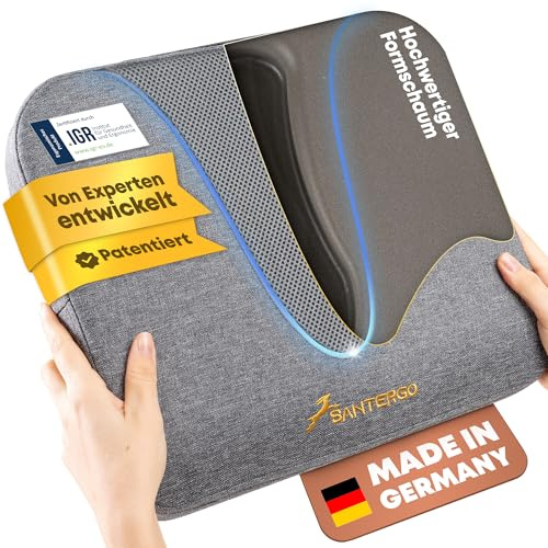 SANTERGO Ergonomisches Sitzkissen aus Formschaum [patentiert & formstabil] Stuhlkissen Keilkissen Stuhl | Bürostuhl Rollstuhl | Auto Sitzkissen orthopädisch | Rückenkissen Sitzpolster (grau)