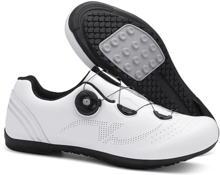 Cykelskor män och kvinnor, halkfria och andningsbara unisex sport- och utomhusskor med gummisula och snabb rotation spetssystem, för inomhus utomhus och sport ridning, Vitt, 39.5 EU