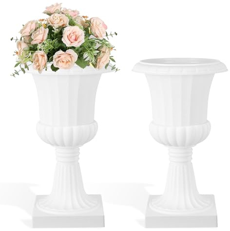 Pot de fleurs urne plastique 50 cm, jardiniere classique ronde, cache pot exterieur interieur, grand pot de fleurs sur pied style vintage pour jardin terrasse entree mariage lot 2 ou 4 (2PCS Blanc)