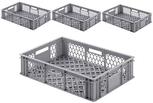 1a-TopStore VE (4 st) Gastronomi stapellåda stapellåda, euromåt, 600 x 400 x 154 mm (L x B x H), väggar och golv öppna/genombrutna, med handtagsöppningar, livsmedelssäker av HD-PE (grå), perforerad