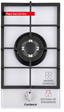 Corberó - Encimera de Gas Domino | CPCGY121DWCI | 3.3 kW | 1 Fuego | Autoencendido Mandos | Zona Wok | Tamaño 32x52x11 cm | Hierro Fundido | Gas Butano| Kit de conversión a gas natural | Negro