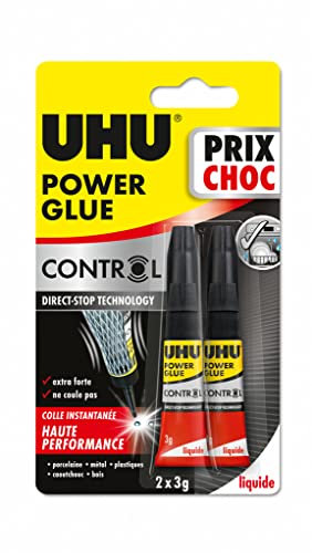 UHU Power glue liquide control - colle instantanée, ultra rapide et forte, technologie anti-goutte, sans solvants, transparente, tubes 2x3g