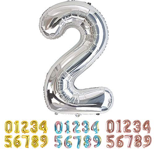 Ponmoo Foil Palloncini Argento Numeri 2, Gigante Numero 0 1 2 3 4 5 6 7 8 9 10-19 20-29 30 40 50 60 70 80 90 100, Gonfiabili Pallone per Anniversario, Decorazione Feste di Compleanno Palloncino