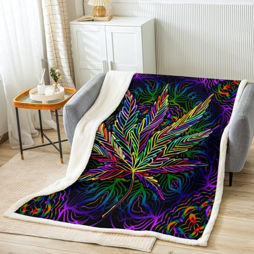 Feelyou Marijuana Leaf Throw Blanket for Bed Couch Sofa Men Cannabis Leaves Fleece Blanket Women Boys Girls Marijuana Weed Leaf Sherpa Blanket Trippy Room Decor Plush Fuzzy BlanketQueen 90x90