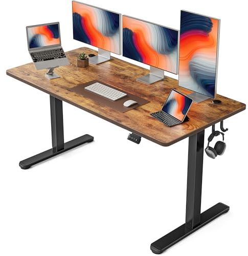 FEZIBO Bureau Debout Électrique Réglable en Hauteur, Table de 152 x 60 cm, Bureau de Travail Assis-Debout avec Panneau d'Assemblage, Cadre Noir/Plateau Marron