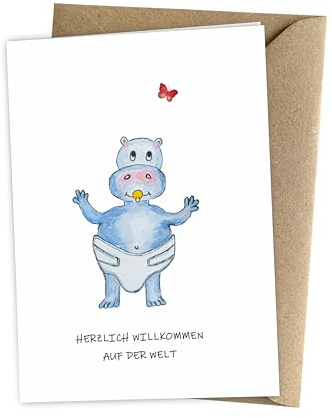 Herzfunkeln® Glückwunschkarte zur Geburt für Mädchen und Junge mit Baby-Nilpferd in DIN A6 - Herzlich Willkommen auf der Welt - Karte zur Geburt als Geschenk für Eltern - Umschlag aus Recyclingpapier