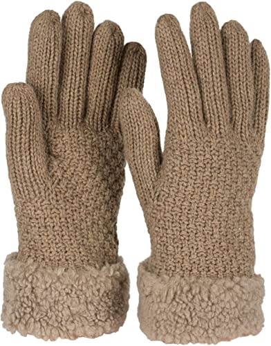 styleBREAKER Guantes de invierno para damas con estampado de perlas y vellón, guantes de punto térmico, guantes para los dedos 09010032, color:Marrón