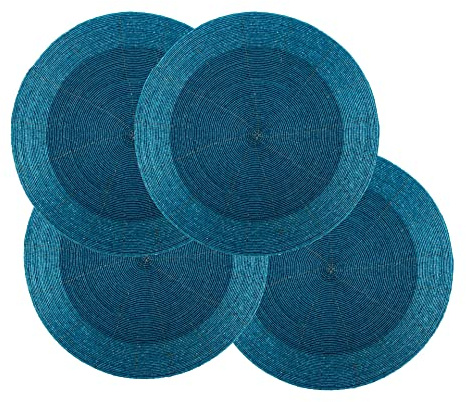 Lightnpro Glitz Beaded Charger Placemat - Turquoise Blue Placemat Set of 4, Handmade Round Table Mats - Christmas Xmas Dining Harvest Fall Holiday Celebration Festive Party Table Décor - 13 inch