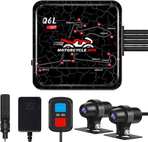 Cámara Mejorada del Tablero de la Motocicleta WiFi HD 1080P Cámara Frontal y Trasera, DVR Impermeable de Cuerpo Completo con GPS, Videos de Descarga de Alta Velocidad, Control Remoto (Negro-Q6UL)