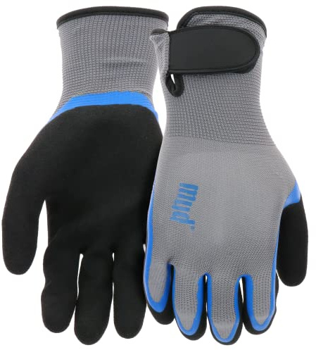 MUD Simply Men's Garden Gloves, Hook & Loop Dual Dip Latex, Grip, Water Resistant, Gray, Medium/Large (MD32021G-ML)