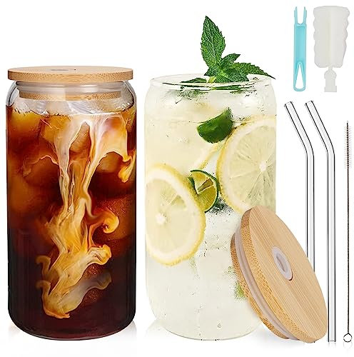 Uhapeer 2 Pack Can Shaped Drinking Glasses with Bamboo Lids and Straws, 19oz/550ml Bamboo Cups, Beer Can Glasses, Iced Coffee Glasses, Ideal for Water, Cocktail, Whiskey, Soda, Beer