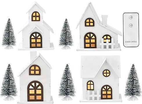 Ovootok 9-teiliges Weihnachtsdorf-Zubehör-Set, 4 LED-beleuchtete Weihnachtshäuser, 5 mattierte Bäume, Weihnachtsdekoration, weiße Holz-Weihnachtsdorf-Kollektion für Tisch-Kamindekoration (9 Stück)