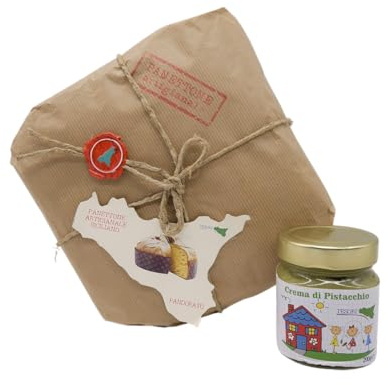 Tesori Di Sicilia Panettone Artigianale Pandorato con Crema di Pistacchio200g, incartato a mano, Panettone a lievitazione Naturale con Lievito Madre 1,100Kg, Idea regalo Natale