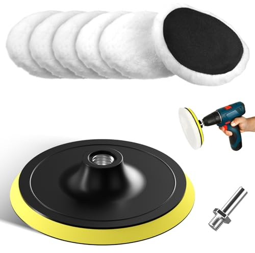 6Pcs Wool Polishing Pads Set 6Wool Buffing Pad Synthetic Woolen Waxing Pad | Car Polishing Pad for Drill Buffer Wheel Car Buffing Wood Polishing (with Hook and Loop Backing Pad+M14 Drill Adapter)