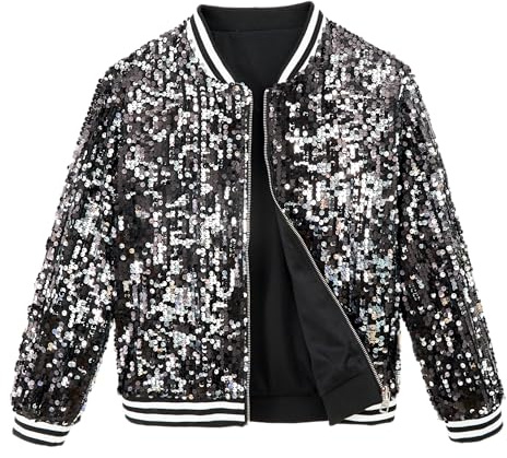 LOLANTA Girls Sequin Bomber Jacket with Pockets Zipper Long Sleeve Sparkle Baseball Jackets, Black-silver, 12-13 Years, 170