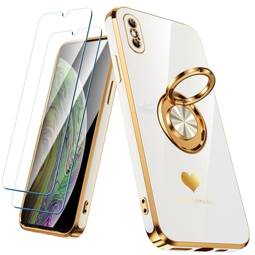 Nonional Compatible for iPhone X/XS Case with 2 Pack Screen Protector, 360° Rotatable Ring Holder [Luxury Hearts Pattern] Plating Gold Edge Slim Soft Phone Case for iPhone X/XS - White