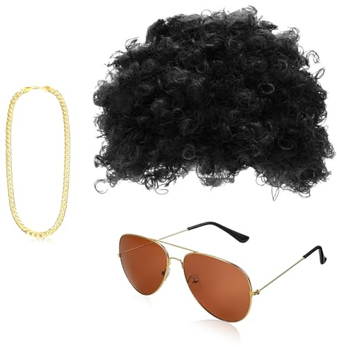 YUNHENTONG Perücke 70er 80er Männer 3 Stück Mit Goldkette Sonnenbrille Hippie Perücke Karneval Perücke Afro Perücke für Karnevalsparty 70er Jahre Outfit Herren Hippie Kostüm Accessoires