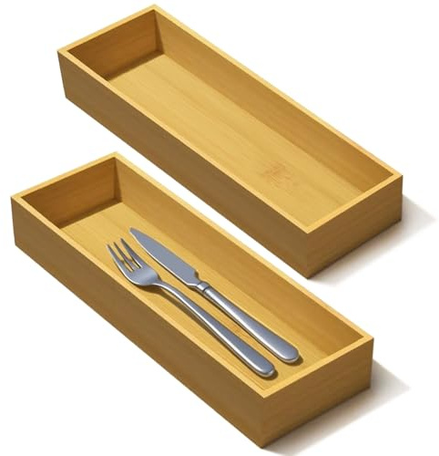 guiogc Bamboo Drawer Silverware Organizer, Utensil Organizer, Bamboo Storage Box Wood Silverware Tray for Drawer Set of 2