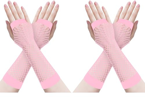 ZTVOWTO 2 Paar Fingerlose Netzhandschuhe, 80er 90er Fischnetz Handschuhe für Halloween, Weihnachten, Kostümpartys und Cosplay Zubehör(Lang Rosa)
