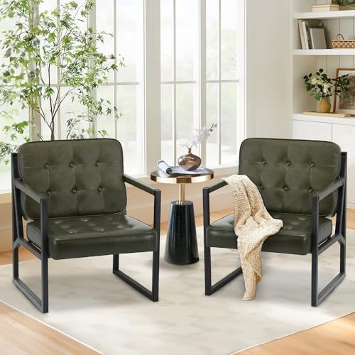COLAMY Ohrensessel Sessel Wohnzimmer 2er Set, Leder Accent Chair, Mid Century Sessel für Wohnzimmer, Modern Kunstleder Empfangssessel mit Metallbeinen für Schlafzimmer Empfangsraum Wartezimmer, Grün