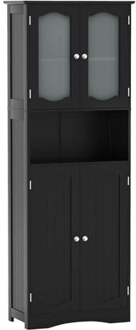 COSTWAY 164cm Tall Bathroom Cabinet, Freestanding Storage Cupboard with Tempered Glass Doors and Open/Adjustable Shelves, Wooden High Floor Storage Cabinet Unit for Living Room Kitchen Hallway (Black)