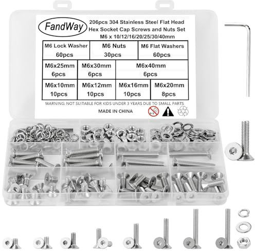 206 Piezas Juego de Tornillo y Tuercas y Arandelas, M6 Tornillos Hexagonal Cabeza Avellanados, Plana Tornillos de Máquina Cabeza Allen, DIN 7991 Métricos Rosca Completa Acero inox 304 con 1 llave.