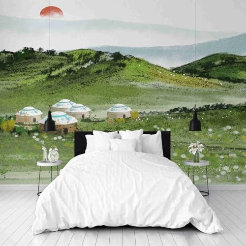 Dppyuxa Papier Peint Panoramique Salon Paysage Prairie Papier Peint 3D Intissé Rural Cabine Décoration Murale Salle de Bain Interieur Imperméable pour Salon et Chambre 500x280 cm