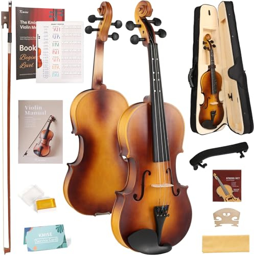 Kmise Violin 4/4 Full Set, Fingerboard Fret Markings Violins, Matte Acoustic Fiddle for Adults, Beginners, Students with Violin Case, Rosin, Strings, Bow, Shoulder Rest, Beginner's Guide (Matte, 4/4)