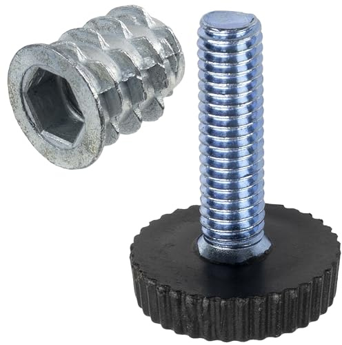 AERZETIX - Kit de 20 Pieds Vérins de Meubles Réglables M6 à Visser + 20 Inserts Filetés M6 à 6 Pans Creux pour Tables Chaises Bureaux en Bois à Hauteur Variable en Acier et Plastique Noir et Argent