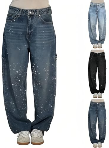 PAIDAXING - Jeans a tubo da donna, stile UK, con strass, a vita media e bassa, larghi e con gamba ampia, pantaloni harem oversize in glitter, in denim spaekly, da signora, taglia grande, con tasche