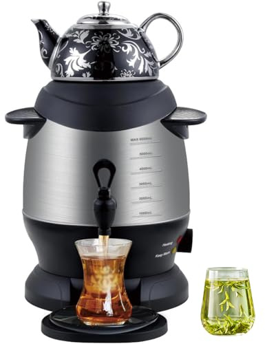 Turkish Tea Maker, 1800W Electric Samovar with 5L Stainless Steel & 1L Ceramic Teapot, Keep Warm Function, for Coffee, Scented Tea Black