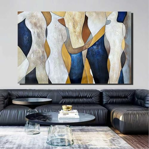 rtSee® Handgemaltes abstraktes Figuren-Leinwandbild 90 × 120 cm – Moderne Acryl-Wandkunst in Blau & Beige – XXL Gemälde – Fertig zum Aufhängen – Für Wohnzimmer, Büro & Schlafzimmer