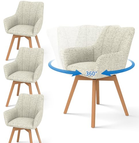 WAFTING Esszimmerstühle 4er Set Drehbar 360° mit Holzbeinen, Khaki | Tweed-Stoff, Armlehnstuhl, Moderner Polsterstuhl, Drehstuhl, Esszimmerstuhl Drehbar, Wohnzimmer, Arbeitszimmer, Schlafzimmer
