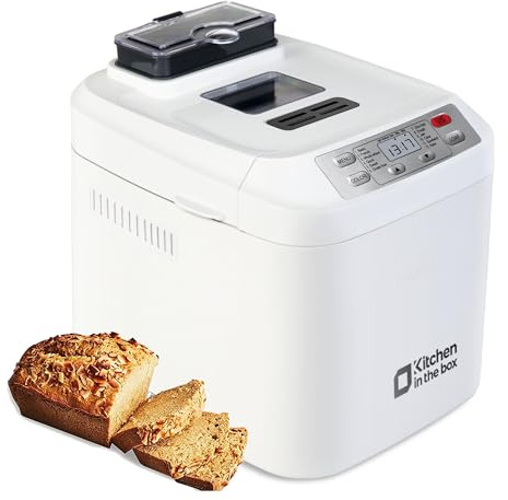 Kitchen in the box - Macchina per il pane, 12 programmi in 1, impostazione senza glutine, distributore automatico di frutta e noci e padella antiaderente rimovibile, 2 formati di pagnotta (0,9 kg