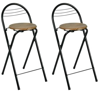 Amveya Set di 2 Sgabello Pieghevole Alto con Schienale, Sedie Pieghevoli con Seduta Effetto Legno, Sgabello bar Salvaspazio per Cucina, Balcone e Interni, Altezza 60 cm, Nero & Marrone