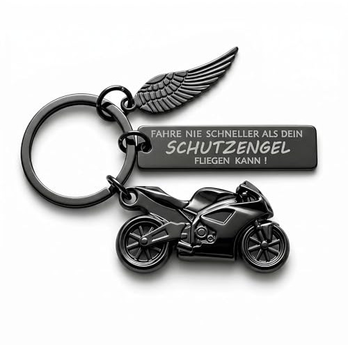 ANYAJESO Motorrad Schlüsselanhänger Schutzengel mit Gravur – Fahr Vorsichtig Glücksbringer für Motorradfahrer – Motorrad Anhänger als Geschenk für Biker, Motorradführerschein & Männer