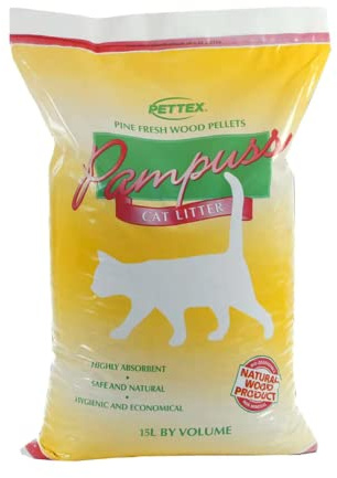 PETTEX PAMPUSS WOODBASE CAT LITTER, 5LT, 15LT, 30LT – PINE FRESH PELLETS (15 Litres)