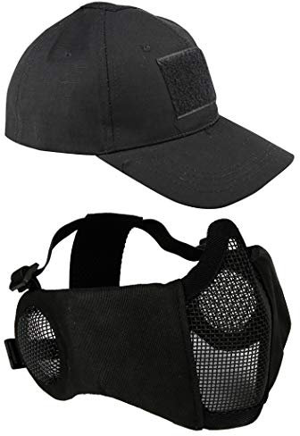 AOUTACC Airsoft Mesh Mask with Ear Protection and Adjustable Baseball Cap Set for Cosplay/CS/Hunting/Paintball/Shooting (Black)