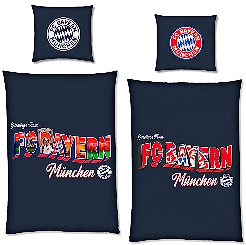 FC Bayern München Bettwäsche Player Rot 135x200 cm + 80x80 cm 100% Baumwolle Renforcé/Linon Rekordmeister Mia san Mia Allianz Arena Fußball Fanartikel Reißverschluss Geschenkidee Kane Musiala Olise