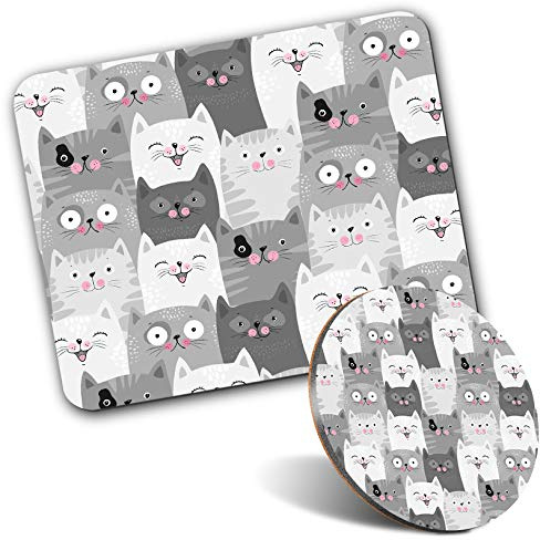 Rectangle Mouse Mat & Round Coaster Set - Cute Cat Audience Grey White 20 cm & 9 cm for Computer & Laptop, Office, Gift, Non-slip Base #14431