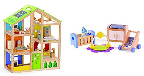 Hape E3401 - Vier-Jahreszeiten Haus (möbliert), Puppenhaus mit Zubehör, aus Holz & E3459 - Babyzimmer