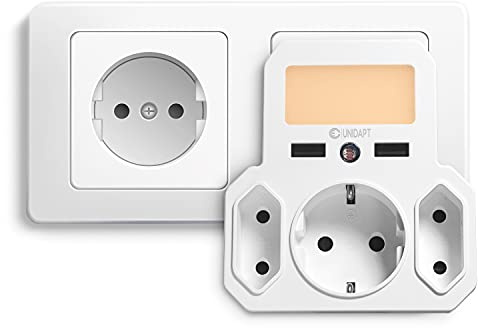 Unidapt Multipeluttag 6-i-1 med USB och Dimbar Nattlampa | Skymningssensor, 2 USB och 3 vägguttag (2 Euro-uttag och 1 Schuko). Kompatibel med iPhone, smartphone och laptop.