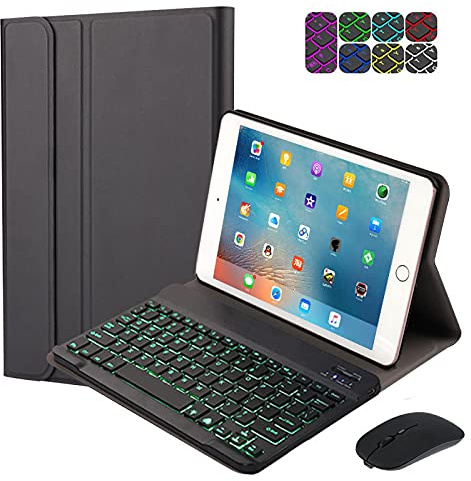 QYiD Funda con teclado para iPad Mini 5 / Mini 4 / Mini 3 / Mini 2 / Mini 1, desmontable Bluetooth inalámbrico, 7 colores retroiluminados, Smart Folio Funda de piel, color negro
